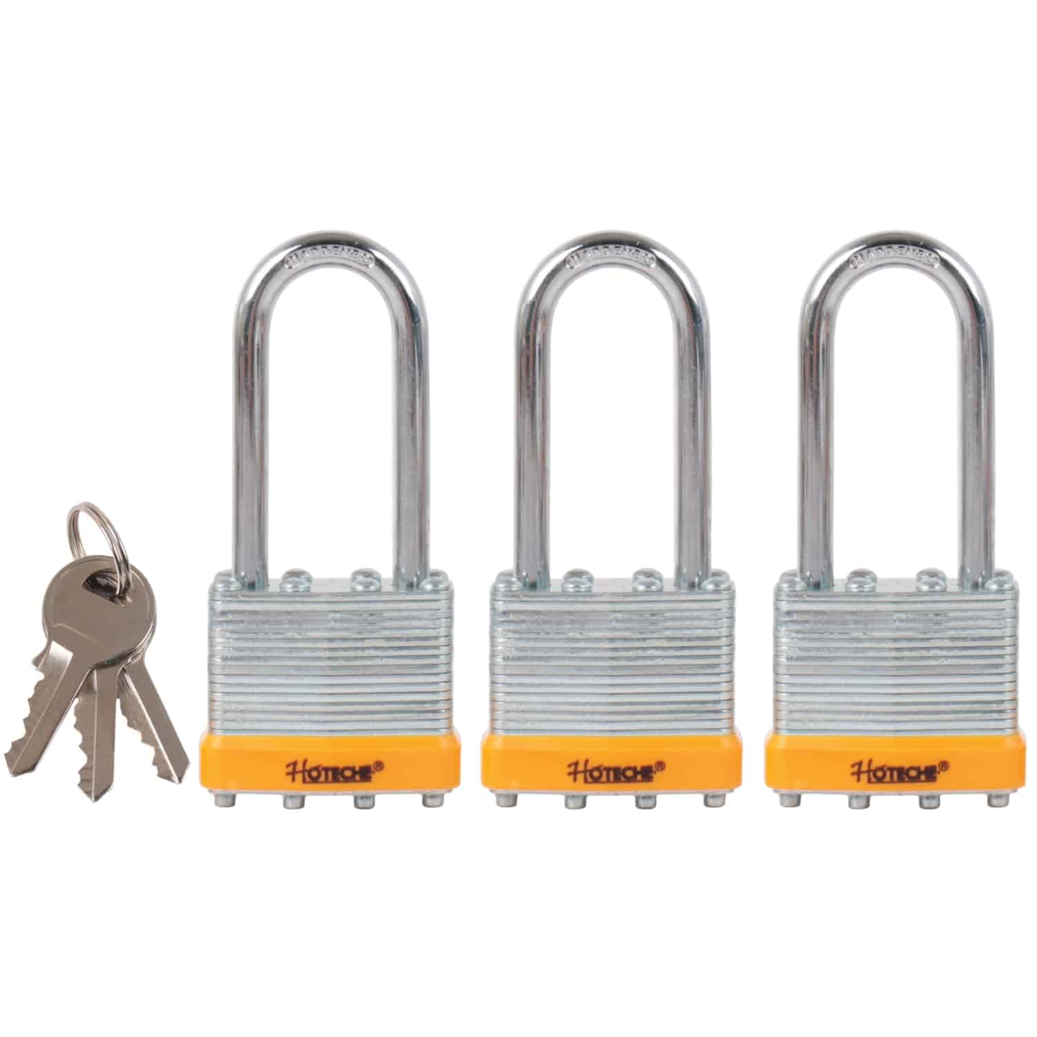 Hoteche 3 Piece Long Shackle Laminated Steel Padlock -Keyed Alike