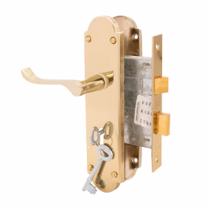 Trojan Hardware 2-Lever Victorian Gable Plate/Scroll Lockset – 8 Inch (Brass Plated)